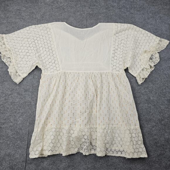 Natura Blouse Womens Small Boho Eyelet Lace Tunic Cotton Relaxed Coastal Beach - Picture 6 of 6